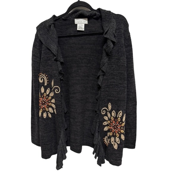 Mandal Bay Vintage Grey Knit Ruffle Floral Embroidered Cardigan size Small - Picture 1 of 5